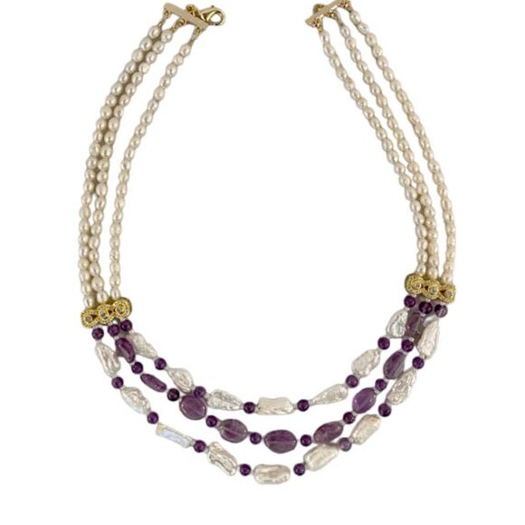 Three Strands Keshi Pearl, And Amethyst Necklace - Picture 2 of 4